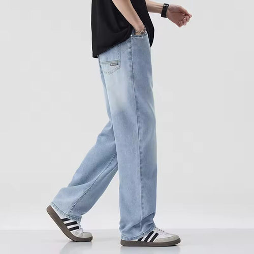 2025 New Spring Summer Men's Straight Jeans Korean Fashion Elastic Waist Wide Leg Baggy Denim Pants Casual Blue Jeans Trousers