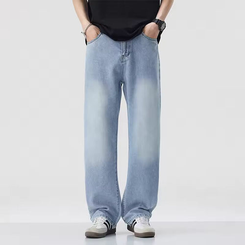 2025 New Spring Summer Men's Straight Jeans Korean Fashion Elastic Waist Wide Leg Baggy Denim Pants Casual Blue Jeans Trousers