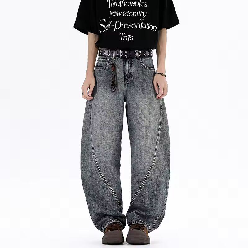 Men's Vintage Jeans Bending knife pants Street Casual Wide Leg Denim Pants Summer Male Mopping Trousers baggy Hip Hop Style